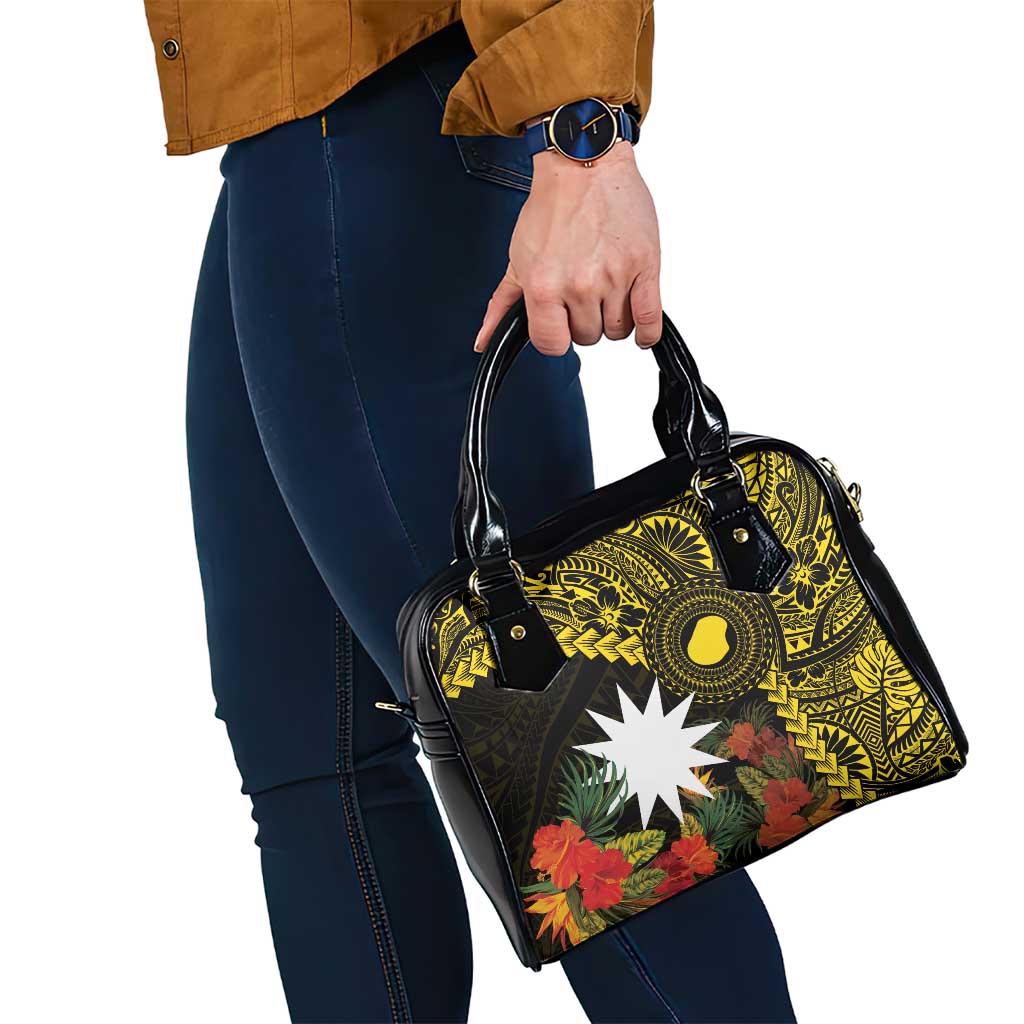 Gold Nauru Shoulder Handbag Naoero Map With Polynesian Tropical Flowers LT14 - Polynesian Pride