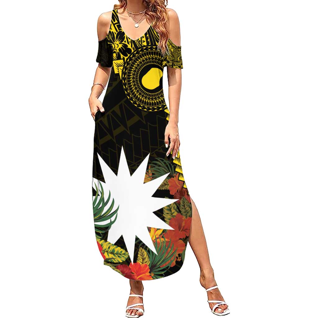 Gold Nauru Summer Maxi Dress Naoero Map With Polynesian Tropical Flowers LT14 Women Gold - Polynesian Pride