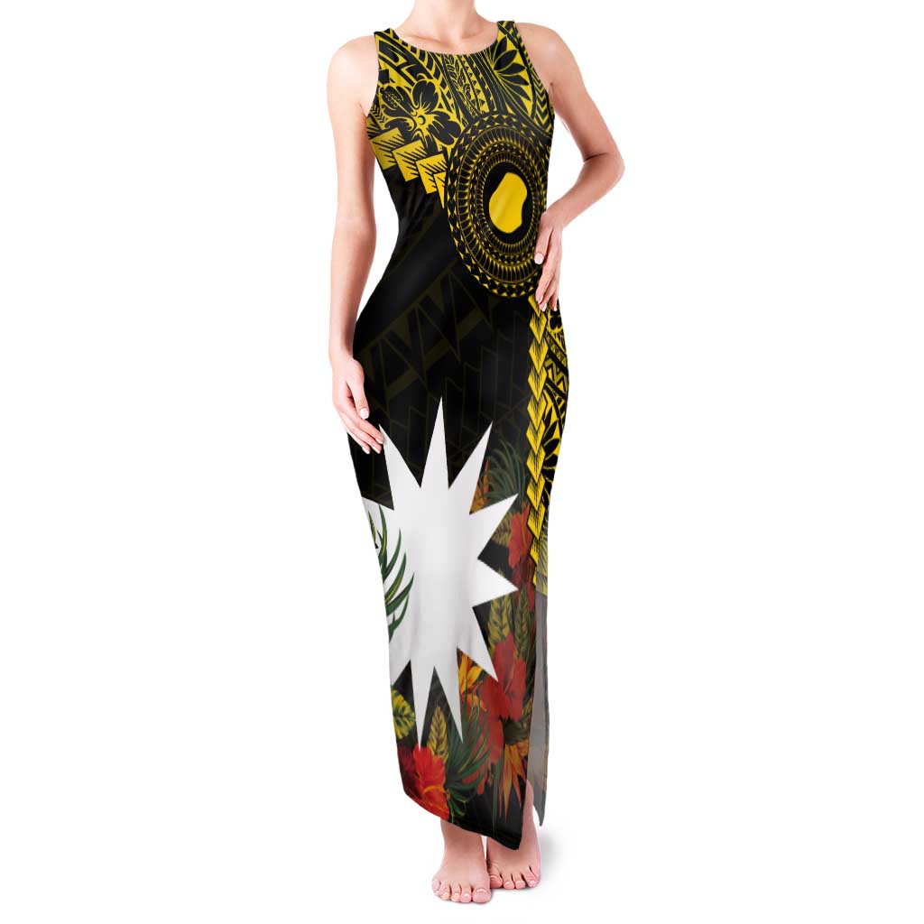 Gold Nauru Tank Maxi Dress Naoero Map With Polynesian Tropical Flowers LT14 Women Gold - Polynesian Pride