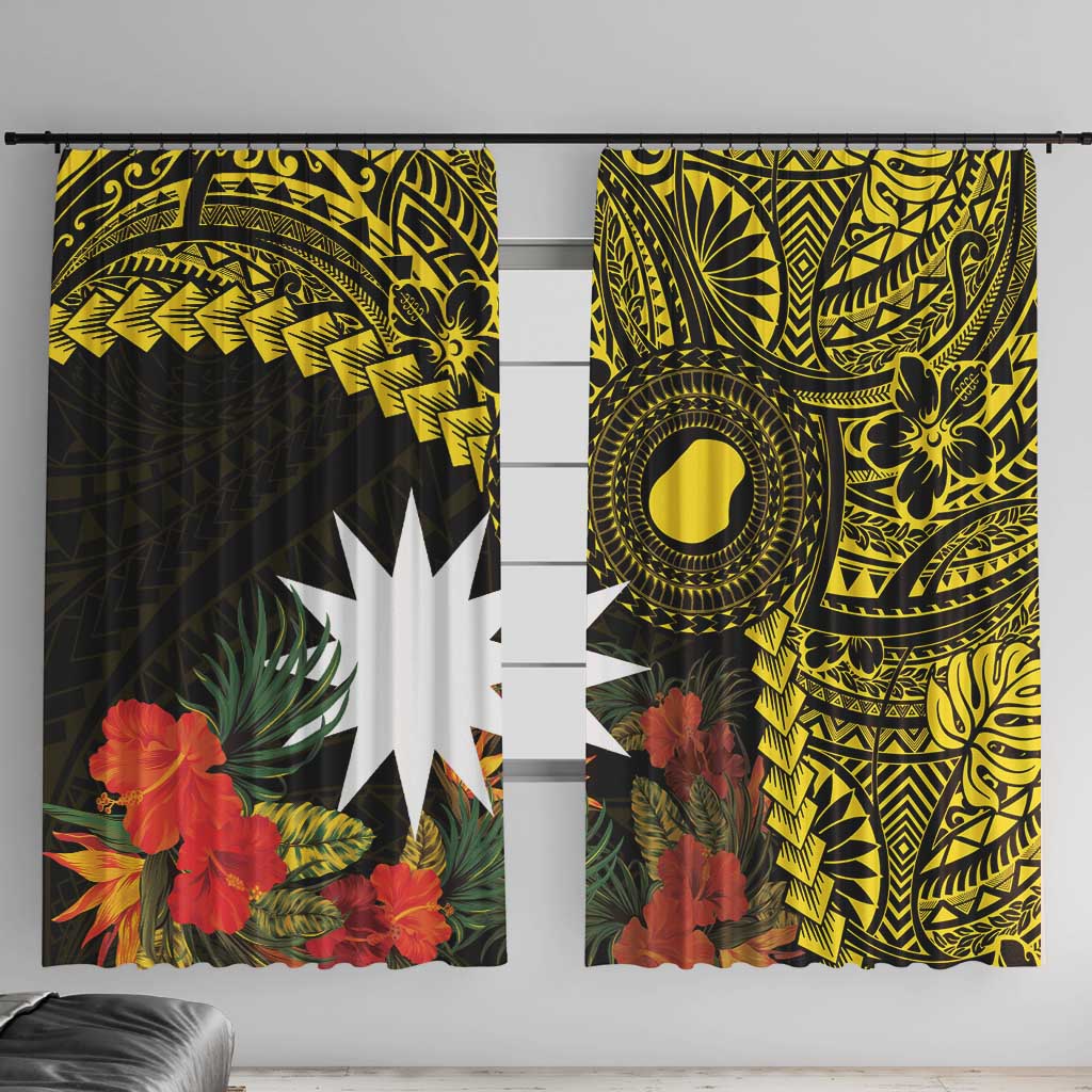 Gold Nauru Window Curtain Naoero Map With Polynesian Tropical Flowers LT14 With Hooks Gold - Polynesian Pride