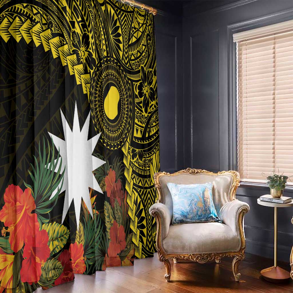 Gold Nauru Window Curtain Naoero Map With Polynesian Tropical Flowers LT14 - Polynesian Pride