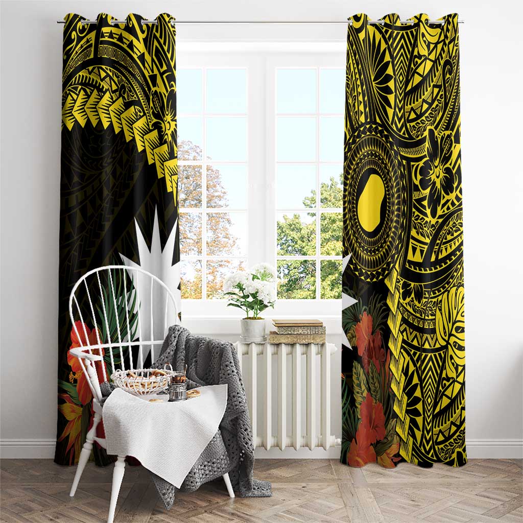Gold Nauru Window Curtain Naoero Map With Polynesian Tropical Flowers LT14 - Polynesian Pride