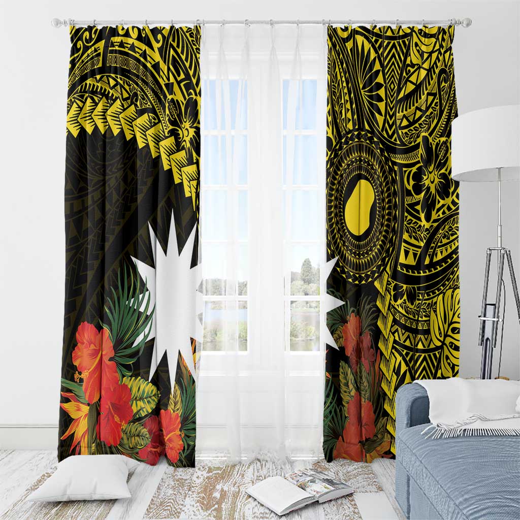 Gold Nauru Window Curtain Naoero Map With Polynesian Tropical Flowers LT14 - Polynesian Pride
