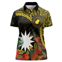 Gold Nauru Women Polo Shirt Naoero Map With Polynesian Tropical Flowers LT14 Female Gold - Polynesian Pride