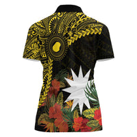 Gold Nauru Women Polo Shirt Naoero Map With Polynesian Tropical Flowers LT14 - Polynesian Pride