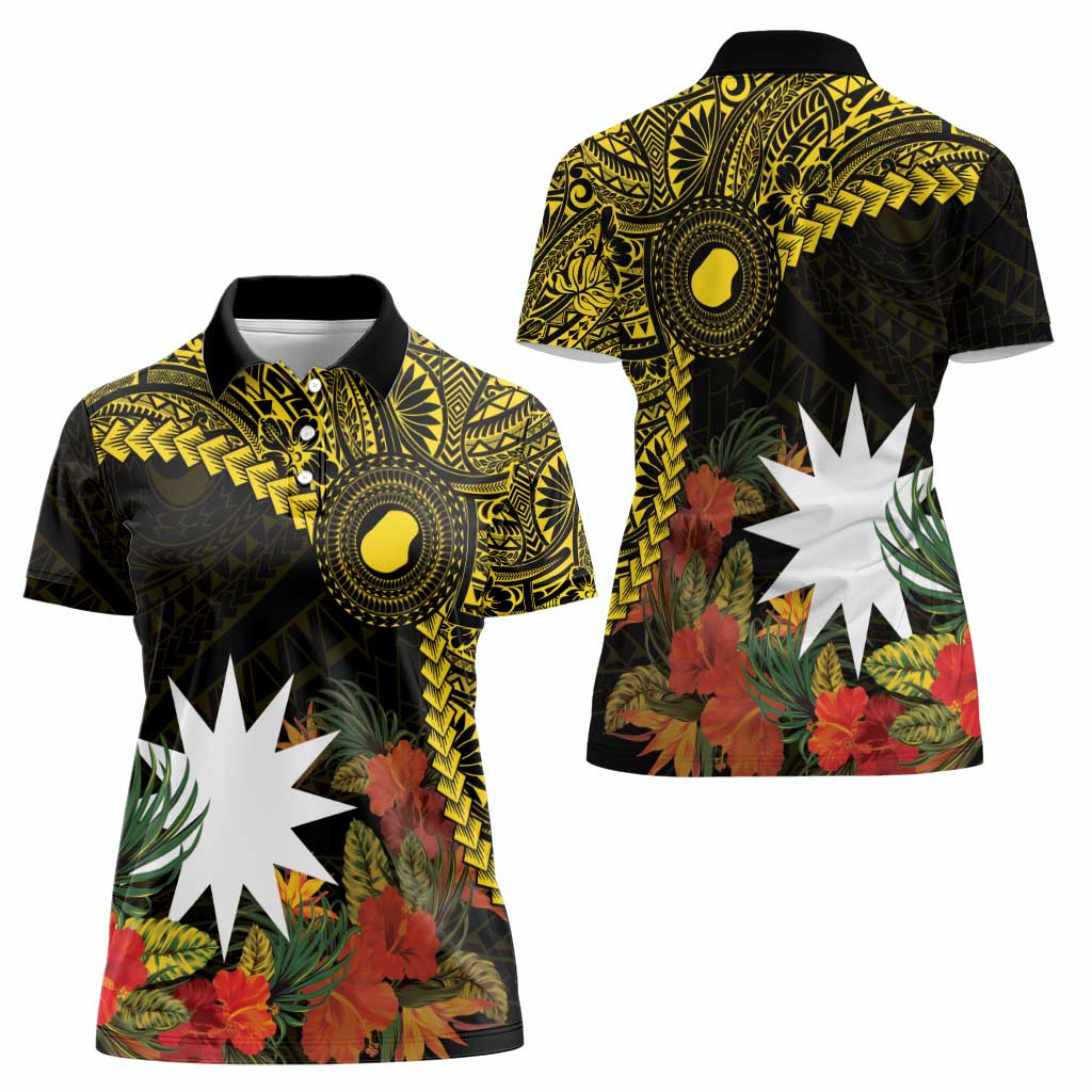 Gold Nauru Women Polo Shirt Naoero Map With Polynesian Tropical Flowers LT14 - Polynesian Pride