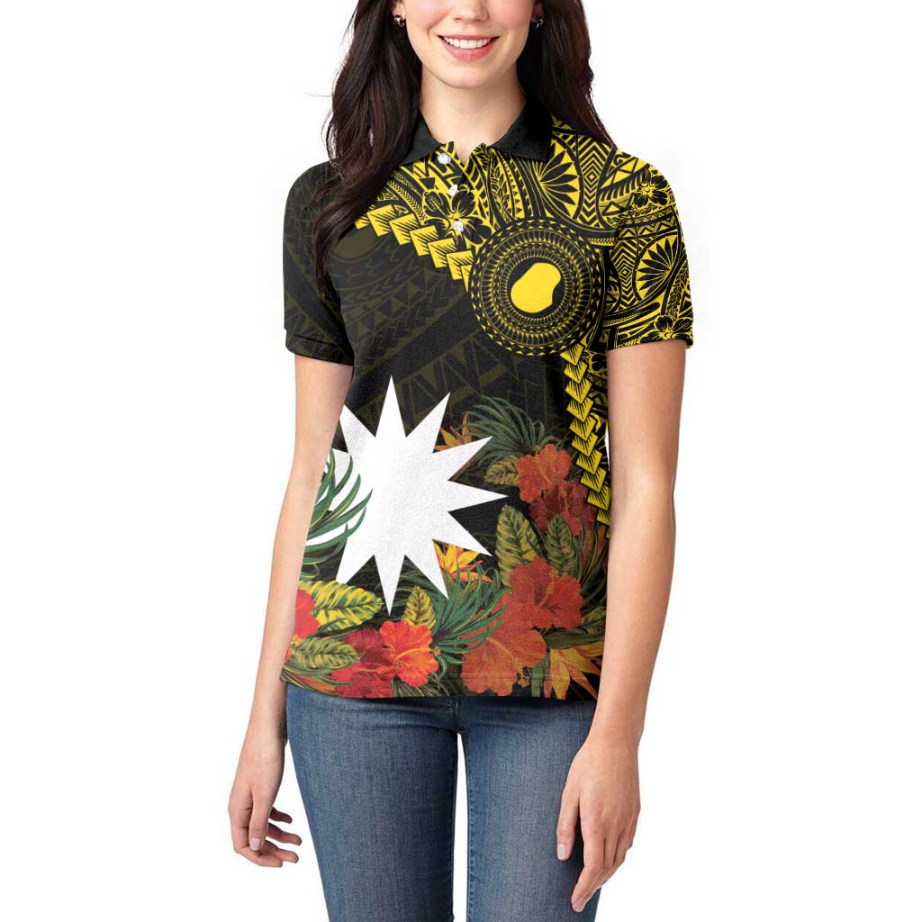 Gold Nauru Women Polo Shirt Naoero Map With Polynesian Tropical Flowers LT14 - Polynesian Pride