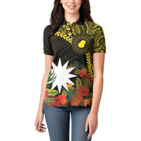 Gold Nauru Women Polo Shirt Naoero Map With Polynesian Tropical Flowers LT14 - Polynesian Pride