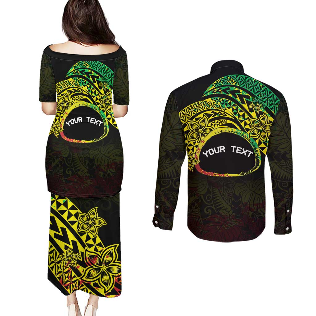 Personalised Nukuoro Atoll Couples Matching Puletasi and Long Sleeve Button Shirt Polynesian Tattoo Curves Reggae Version