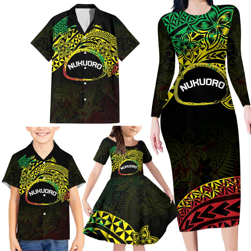 Personalised Nukuoro Atoll Family Matching Long Sleeve Bodycon Dress and Hawaiian Shirt Polynesian Tattoo Curves Reggae Version LT14 - Polynesian Pride