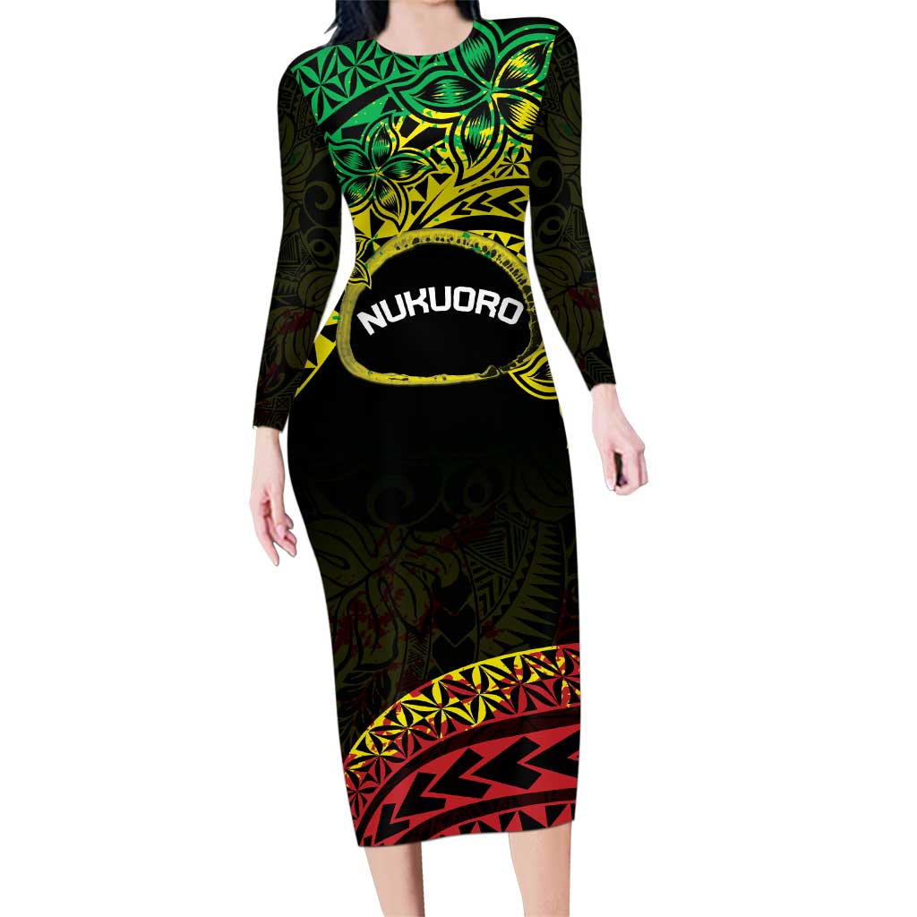 Personalised Nukuoro Atoll Family Matching Long Sleeve Bodycon Dress and Hawaiian Shirt Polynesian Tattoo Curves Reggae Version LT14 Mom's Dress Reggae - Polynesian Pride