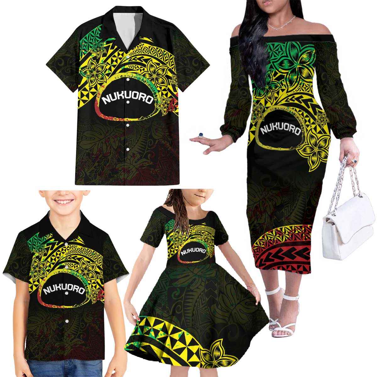 Personalised Nukuoro Atoll Family Matching Off The Shoulder Long Sleeve Dress and Hawaiian Shirt Polynesian Tattoo Curves Reggae Version LT14 - Polynesian Pride