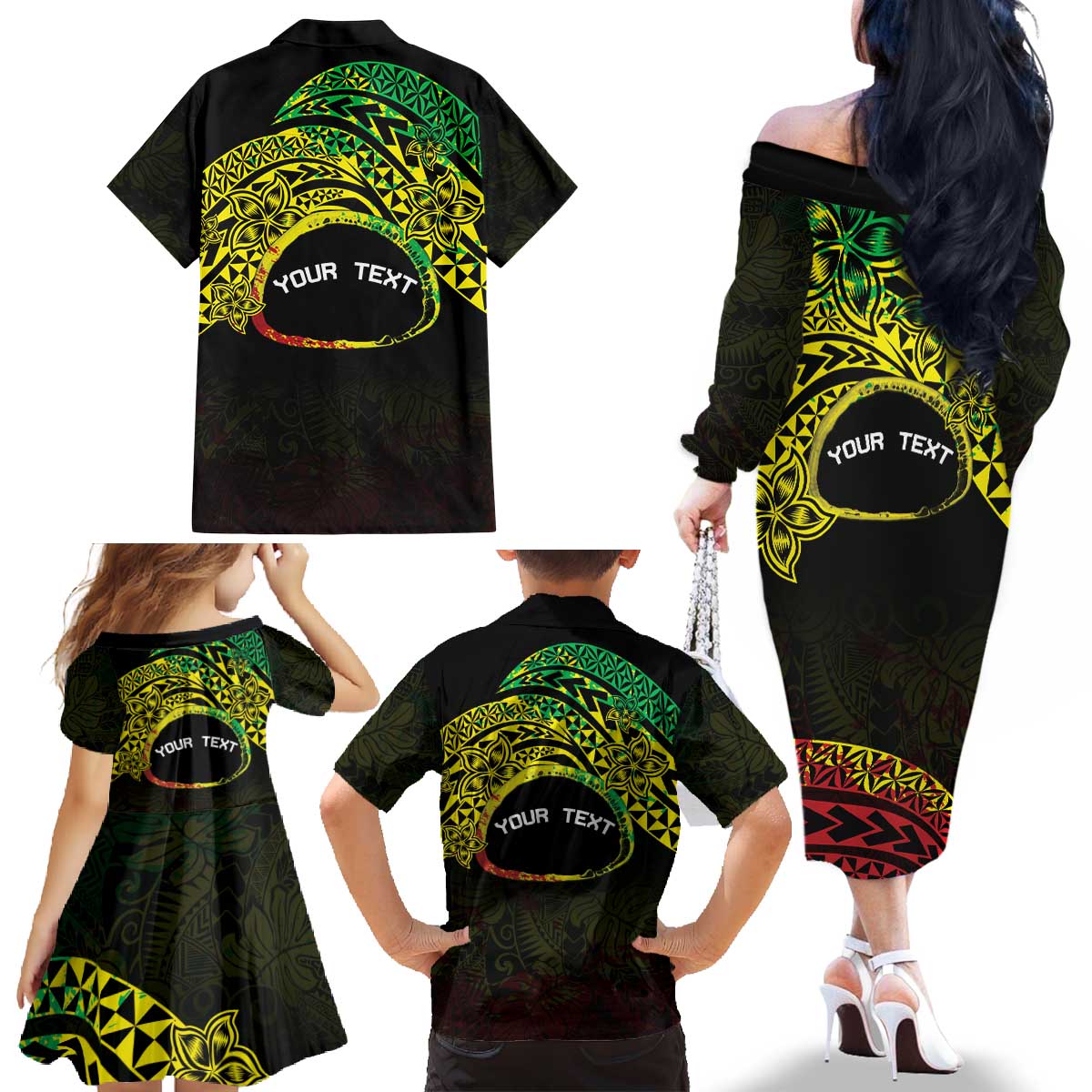 Personalised Nukuoro Atoll Family Matching Off The Shoulder Long Sleeve Dress and Hawaiian Shirt Polynesian Tattoo Curves Reggae Version LT14 - Polynesian Pride