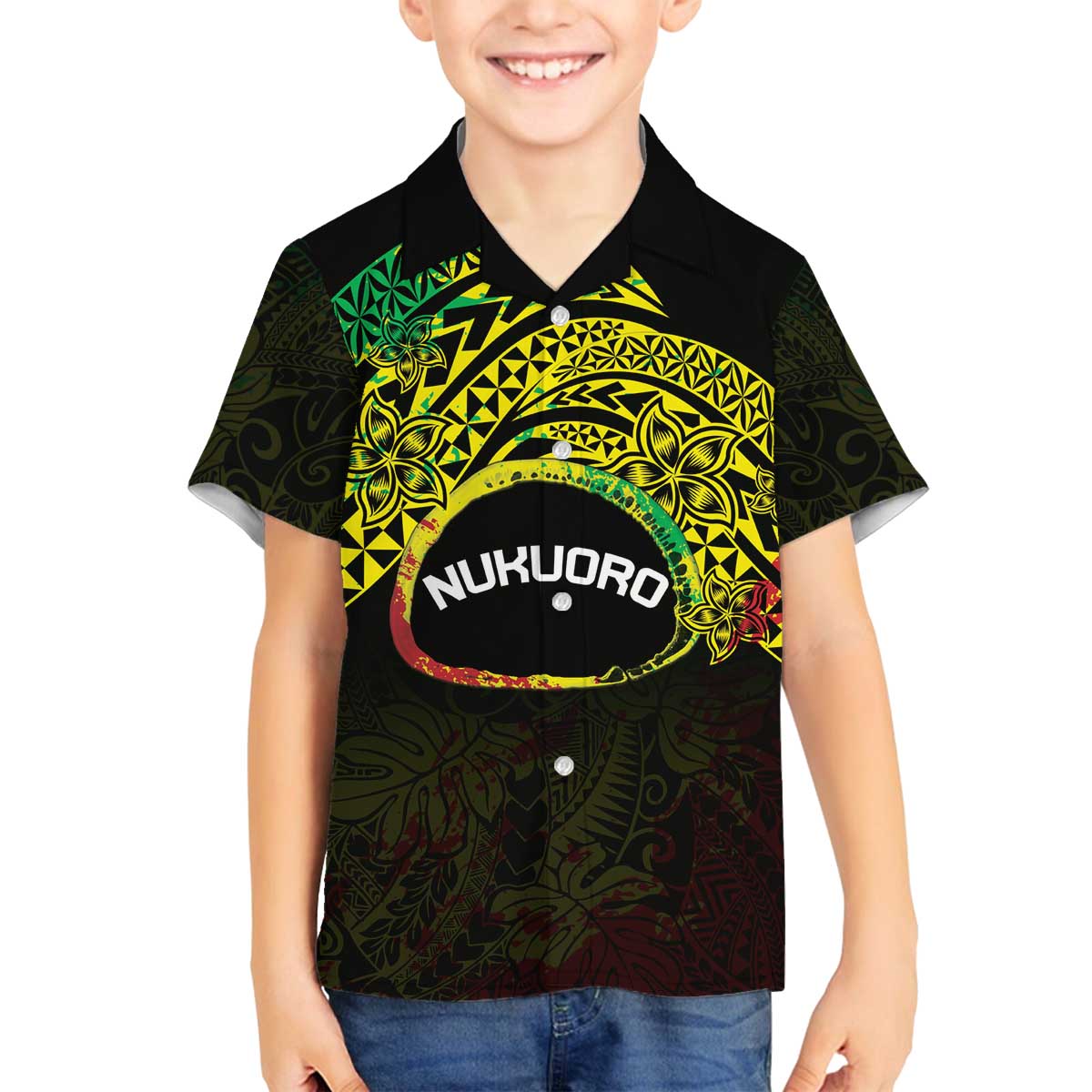Personalised Nukuoro Atoll Family Matching Off The Shoulder Long Sleeve Dress and Hawaiian Shirt Polynesian Tattoo Curves Reggae Version LT14 Son's Shirt Reggae - Polynesian Pride