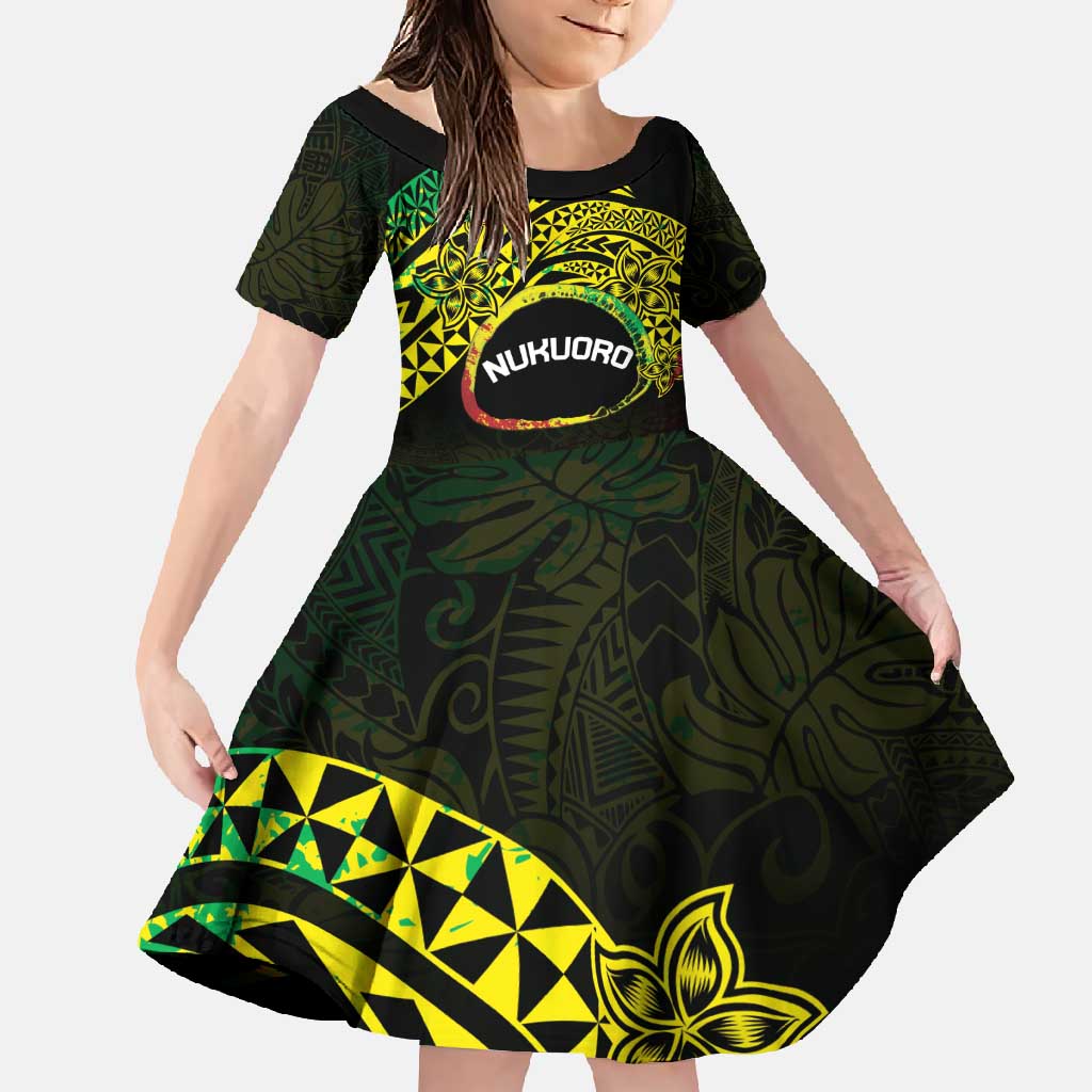 Personalised Nukuoro Atoll Family Matching Off Shoulder Maxi Dress and Hawaiian Shirt Polynesian Tattoo Curves Reggae Version LT14 Daughter's Dress Reggae - Polynesian Pride