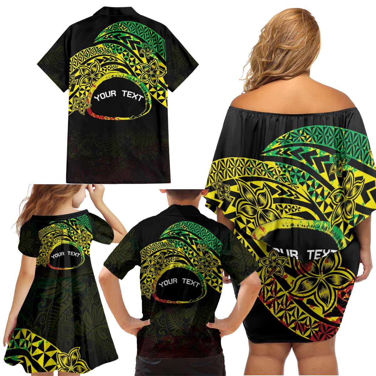 Personalised Nukuoro Atoll Family Matching Off Shoulder Short Dress and Hawaiian Shirt Polynesian Tattoo Curves Reggae Version LT14 - Polynesian Pride