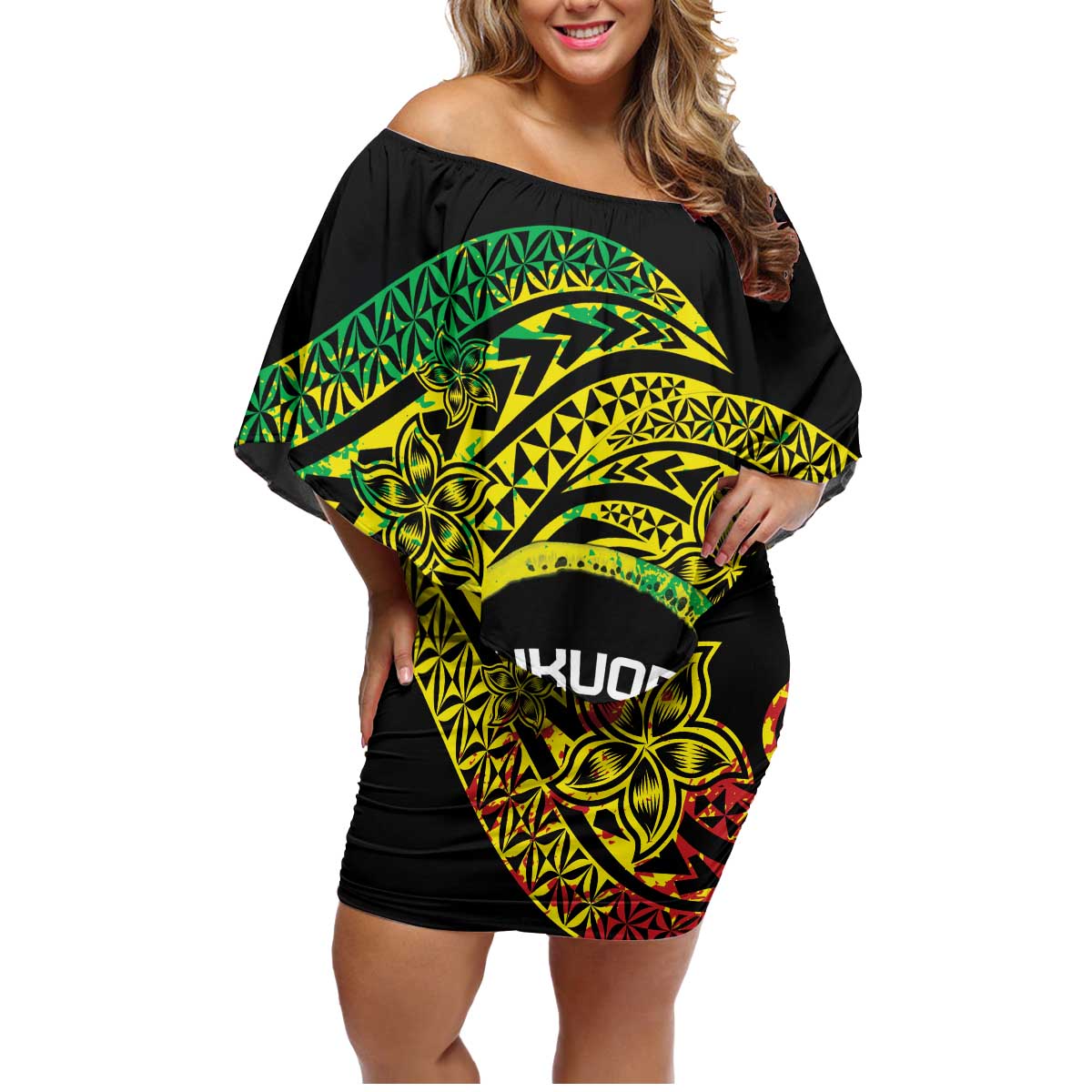 Personalised Nukuoro Atoll Family Matching Off Shoulder Short Dress and Hawaiian Shirt Polynesian Tattoo Curves Reggae Version LT14 Mom's Dress Reggae - Polynesian Pride