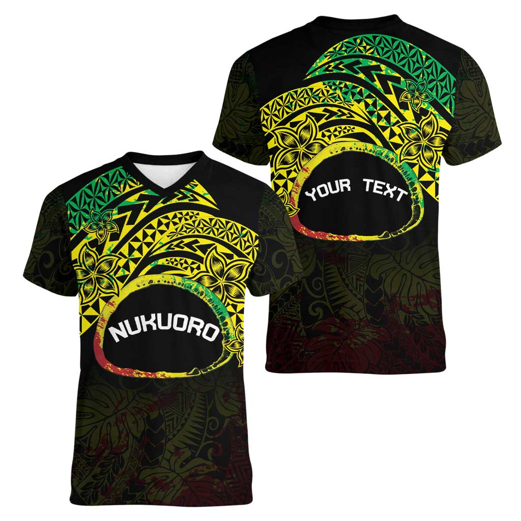 Personalised Nukuoro Atoll Women V-Neck T-Shirt Polynesian Tattoo Curves Reggae Version