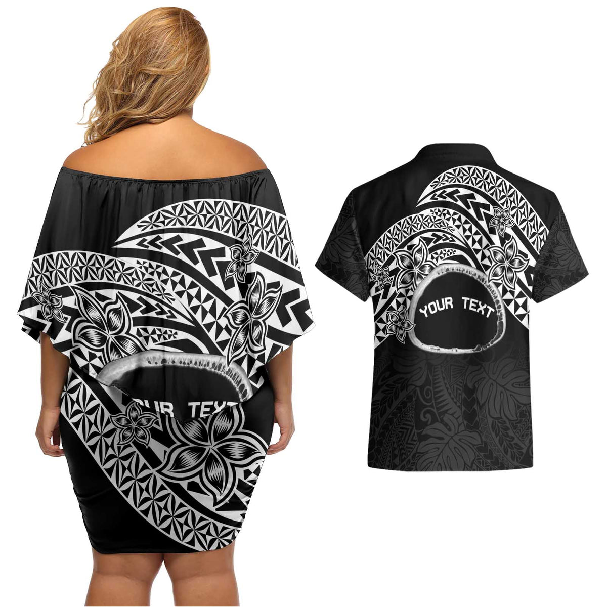 Personalised Pohnpei Nukuoro Micronesia Couples Matching Off Shoulder Short Dress and Hawaiian Shirt Polynesian Tattoo Curves Black Version