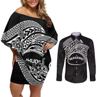 Personalised Pohnpei Nukuoro Micronesia Couples Matching Off Shoulder Short Dress and Long Sleeve Button Shirt Polynesian Tattoo Curves Black Version LT14 Black - Polynesian Pride