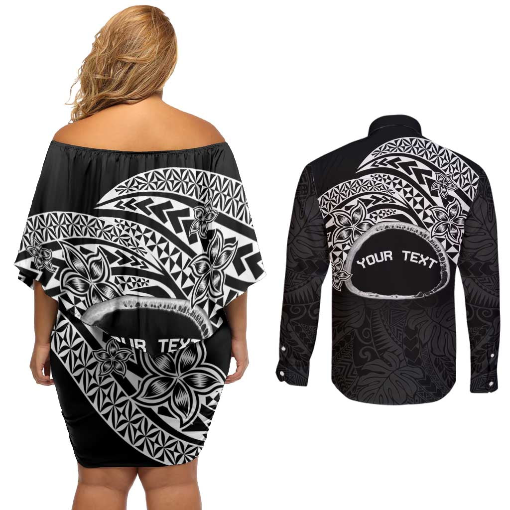 Personalised Pohnpei Nukuoro Micronesia Couples Matching Off Shoulder Short Dress and Long Sleeve Button Shirt Polynesian Tattoo Curves Black Version LT14 - Polynesian Pride