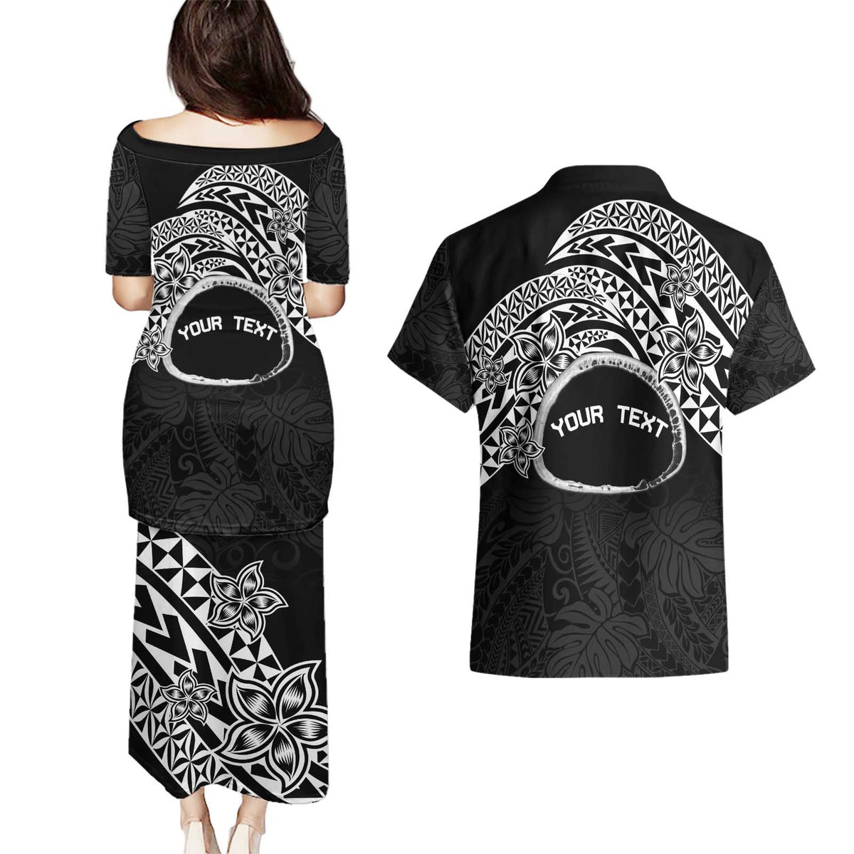 Personalised Pohnpei Nukuoro Micronesia Couples Matching Puletasi and Hawaiian Shirt Polynesian Tattoo Curves Black Version