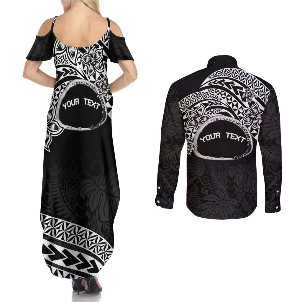 Personalised Pohnpei Nukuoro Micronesia Couples Matching Summer Maxi Dress and Long Sleeve Button Shirt Polynesian Tattoo Curves Black Version LT14 - Polynesian Pride
