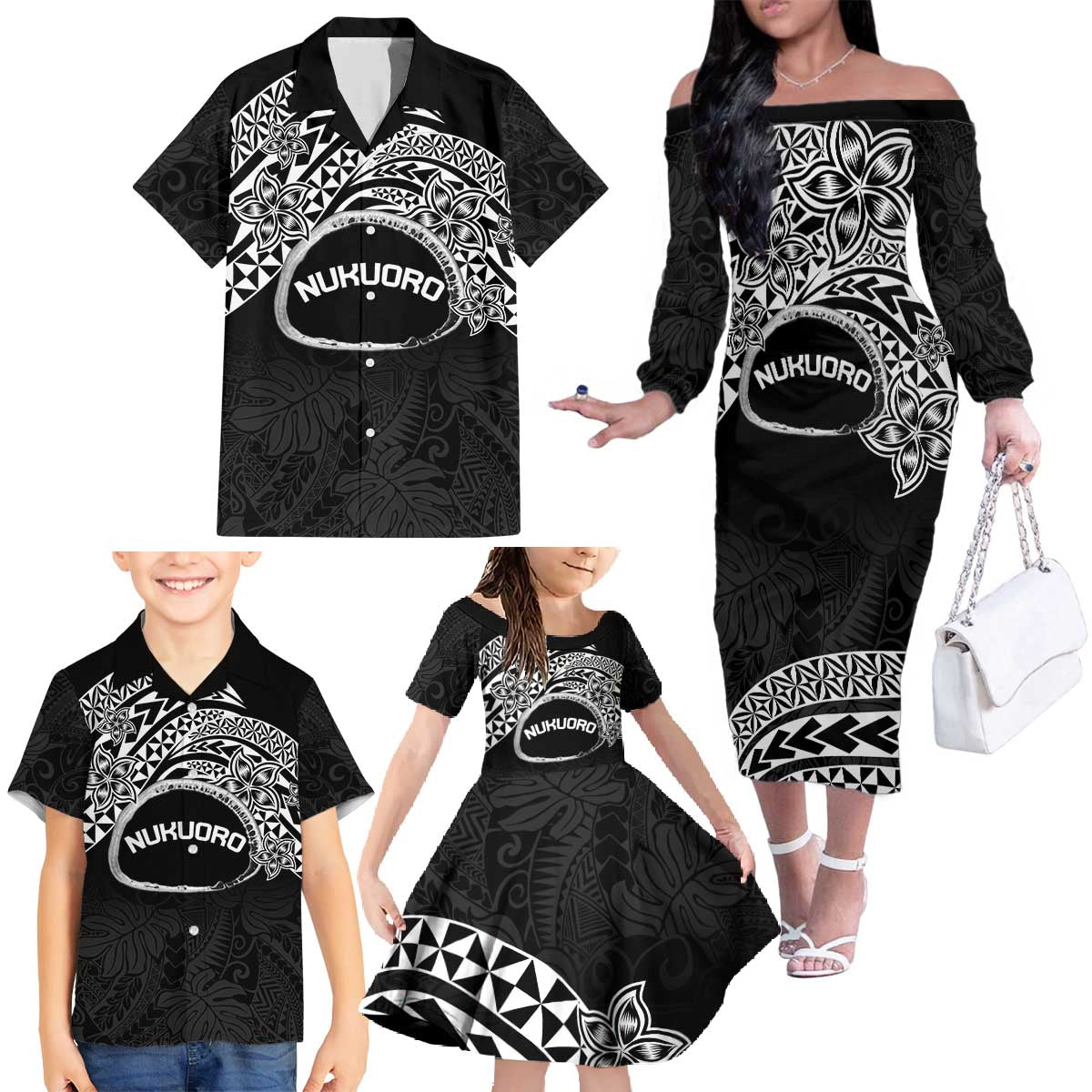 Personalised Pohnpei Nukuoro Micronesia Family Matching Off The Shoulder Long Sleeve Dress and Hawaiian Shirt Polynesian Tattoo Curves Black Version LT14 - Polynesian Pride