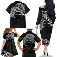 Personalised Pohnpei Nukuoro Micronesia Family Matching Off The Shoulder Long Sleeve Dress and Hawaiian Shirt Polynesian Tattoo Curves Black Version LT14 - Polynesian Pride