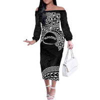 Personalised Pohnpei Nukuoro Micronesia Family Matching Off The Shoulder Long Sleeve Dress and Hawaiian Shirt Polynesian Tattoo Curves Black Version LT14 Mom's Dress Black - Polynesian Pride