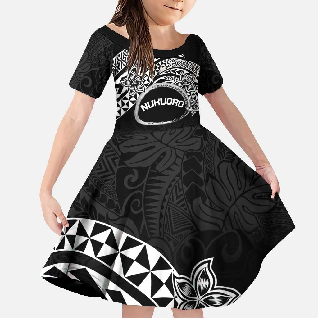 Personalised Pohnpei Nukuoro Micronesia Family Matching Short Sleeve Bodycon Dress and Hawaiian Shirt Polynesian Tattoo Curves Black Version LT14 Daughter's Dress Black - Polynesian Pride