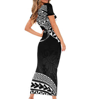 Personalised Pohnpei Nukuoro Micronesia Family Matching Short Sleeve Bodycon Dress and Hawaiian Shirt Polynesian Tattoo Curves Black Version LT14 - Polynesian Pride