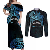 Personalised Pohnpei Nukuoro Micronesia Couples Matching Off Shoulder Maxi Dress and Long Sleeve Button Shirt Polynesian Tattoo Curves Blue Version LT14 Blue - Polynesian Pride