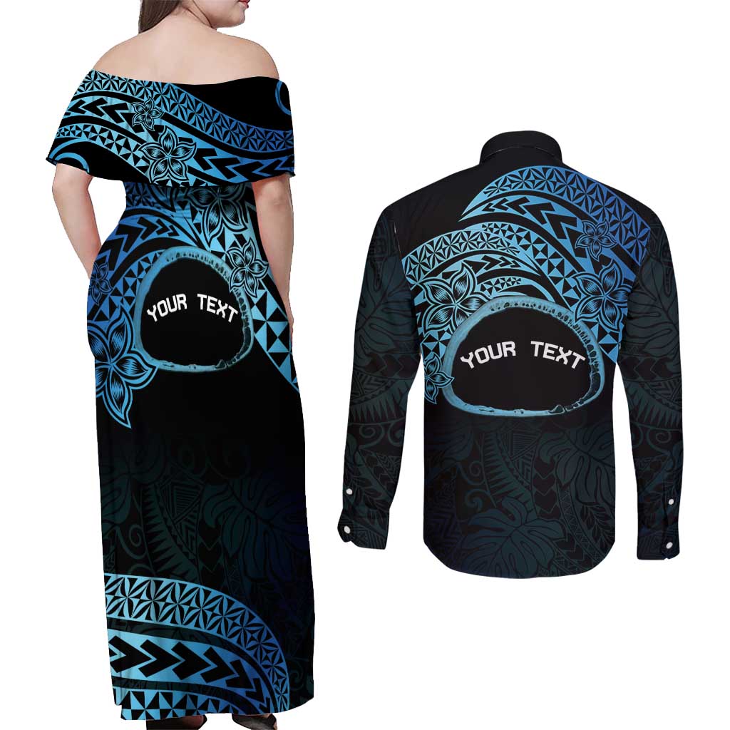 Personalised Pohnpei Nukuoro Micronesia Couples Matching Off Shoulder Maxi Dress and Long Sleeve Button Shirt Polynesian Tattoo Curves Blue Version LT14 - Polynesian Pride