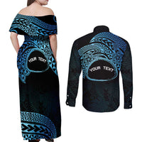 Personalised Pohnpei Nukuoro Micronesia Couples Matching Off Shoulder Maxi Dress and Long Sleeve Button Shirt Polynesian Tattoo Curves Blue Version LT14 - Polynesian Pride