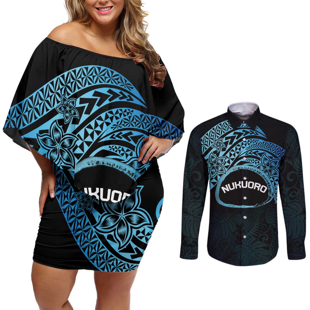 Personalised Pohnpei Nukuoro Micronesia Couples Matching Off Shoulder Short Dress and Long Sleeve Button Shirt Polynesian Tattoo Curves Blue Version LT14 Blue - Polynesian Pride