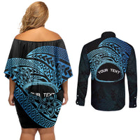 Personalised Pohnpei Nukuoro Micronesia Couples Matching Off Shoulder Short Dress and Long Sleeve Button Shirt Polynesian Tattoo Curves Blue Version LT14 - Polynesian Pride