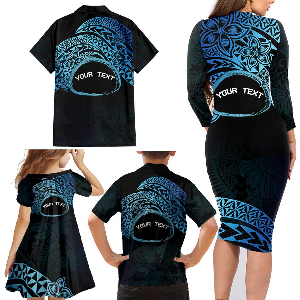 Personalised Pohnpei Nukuoro Micronesia Family Matching Long Sleeve Bodycon Dress and Hawaiian Shirt Polynesian Tattoo Curves Blue Version LT14 - Polynesian Pride
