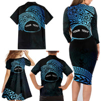 Personalised Pohnpei Nukuoro Micronesia Family Matching Long Sleeve Bodycon Dress and Hawaiian Shirt Polynesian Tattoo Curves Blue Version LT14 - Polynesian Pride
