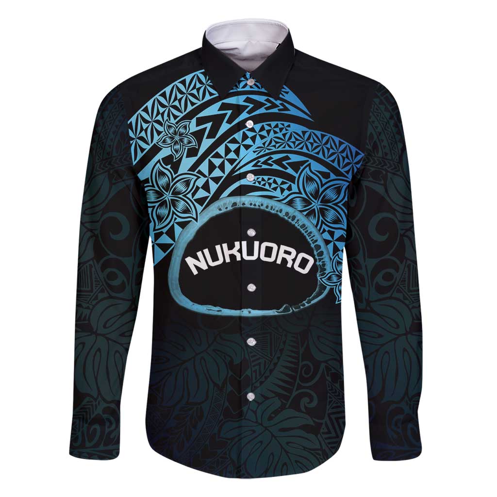 Personalised Pohnpei Nukuoro Micronesia Family Matching Long Sleeve Bodycon Dress and Hawaiian Shirt Polynesian Tattoo Curves Blue Version LT14 Dad's Shirt - Long Sleeve Blue - Polynesian Pride