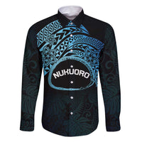 Personalised Pohnpei Nukuoro Micronesia Family Matching Long Sleeve Bodycon Dress and Hawaiian Shirt Polynesian Tattoo Curves Blue Version LT14 Dad's Shirt - Long Sleeve Blue - Polynesian Pride