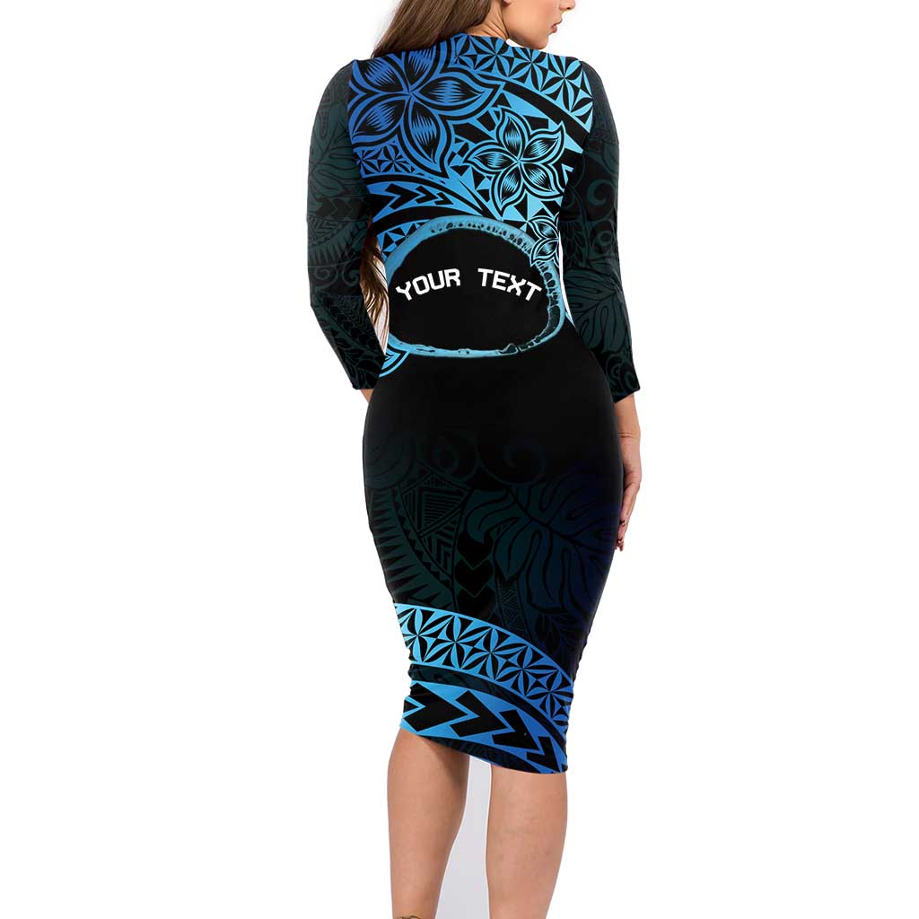Personalised Pohnpei Nukuoro Micronesia Family Matching Long Sleeve Bodycon Dress and Hawaiian Shirt Polynesian Tattoo Curves Blue Version LT14 - Polynesian Pride