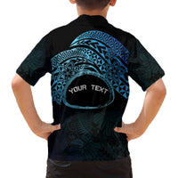 Personalised Pohnpei Nukuoro Micronesia Family Matching Off The Shoulder Long Sleeve Dress and Hawaiian Shirt Polynesian Tattoo Curves Blue Version LT14 - Polynesian Pride
