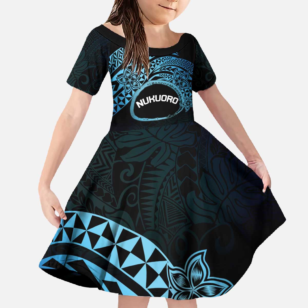 Personalised Pohnpei Nukuoro Micronesia Family Matching Off The Shoulder Long Sleeve Dress and Hawaiian Shirt Polynesian Tattoo Curves Blue Version LT14 Daughter's Dress Blue - Polynesian Pride