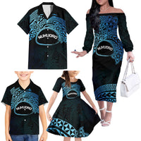 Personalised Pohnpei Nukuoro Micronesia Family Matching Off The Shoulder Long Sleeve Dress and Hawaiian Shirt Polynesian Tattoo Curves Blue Version LT14 - Polynesian Pride
