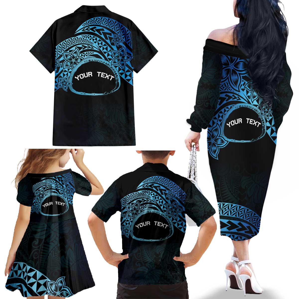 Personalised Pohnpei Nukuoro Micronesia Family Matching Off The Shoulder Long Sleeve Dress and Hawaiian Shirt Polynesian Tattoo Curves Blue Version LT14 - Polynesian Pride