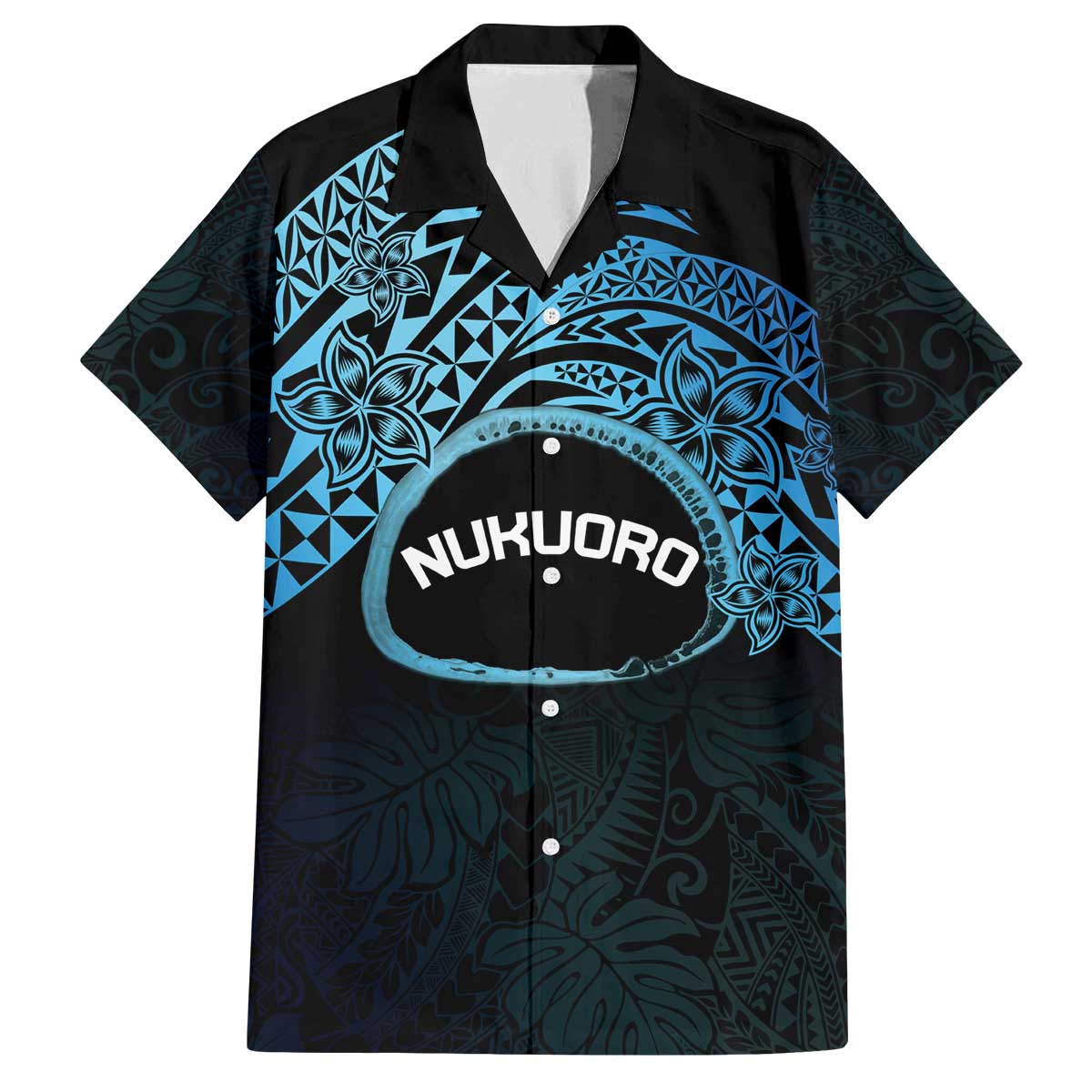 Personalised Pohnpei Nukuoro Micronesia Family Matching Off The Shoulder Long Sleeve Dress and Hawaiian Shirt Polynesian Tattoo Curves Blue Version LT14 Dad's Shirt - Short Sleeve Blue - Polynesian Pride