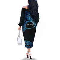 Personalised Pohnpei Nukuoro Micronesia Family Matching Off The Shoulder Long Sleeve Dress and Hawaiian Shirt Polynesian Tattoo Curves Blue Version LT14 - Polynesian Pride