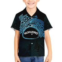 Personalised Pohnpei Nukuoro Micronesia Family Matching Off The Shoulder Long Sleeve Dress and Hawaiian Shirt Polynesian Tattoo Curves Blue Version LT14 Son's Shirt Blue - Polynesian Pride