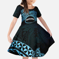 Personalised Pohnpei Nukuoro Micronesia Family Matching Short Sleeve Bodycon Dress and Hawaiian Shirt Polynesian Tattoo Curves Blue Version LT14 Daughter's Dress Blue - Polynesian Pride